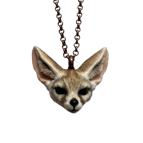 Hand Crafted Jewelry - Fennec Fox Animal Face Pendant Antique Copper Tone